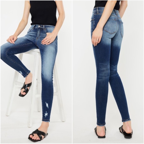 064 KanCan Dark Wash Distressed Skinny Denim Jeans - Picture 2 of 4